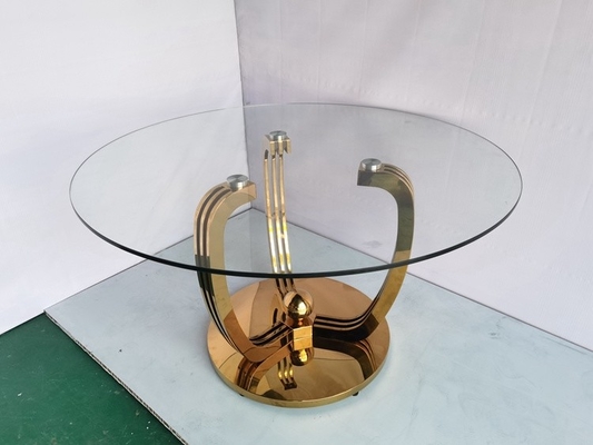 Tavolo da pranzo basso minimalista di acciaio inossidabile dell'oro con la cima di vetro