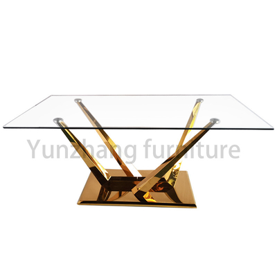Tavolo da pranzo superiore di vetro rettangolare minimalista con la base del supporto placcata oro solido SS201