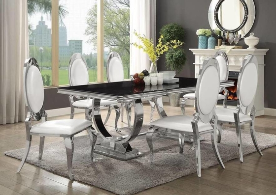 Il tavolo da pranzo d'argento della gamba di acciaio inossidabile dell'oro ha messo 6 Seater con la cima di marmo