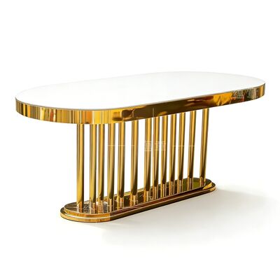 Prezzo buono Arredamento per matrimoni all'ingrosso In acciaio inossidabile oro ovale Cornice Bianco Specchio Vetro Tavolo alto lungo Tavolo da pranzo Hotel Tavolo per matrimonio in linea