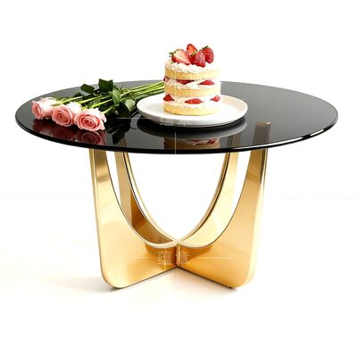 Prezzo buono Tavolo da pranzo rotondo di lusso in acciaio inossidabile per matrimoni, design per eventi, piano in vetro dorato in linea