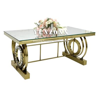 Prezzo buono Tavolo da banchetto con struttura in acciaio inossidabile, decorazioni in cristallo per matrimoni, hotel, eventi, tavolo con piano in vetro a specchio, mobili per hotel in linea