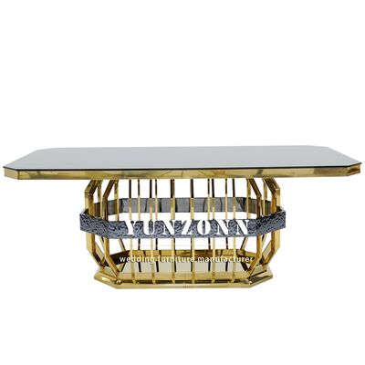 Prezzo buono Tavolo da pranzo moderno in acciaio inossidabile dorato per banchetti di nozze, tavolo rettangolare in vetro per hotel, mobili per matrimoni e noleggi in linea