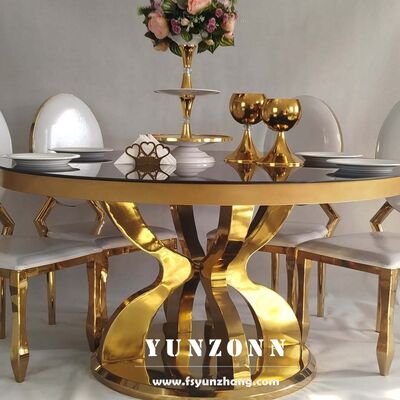 Prezzo buono Modello in acciaio inossidabile contemporaneo a misura Piedestal Gold Hotel Royal Restaurant Luxury Tavoli rotondi in vetro in linea