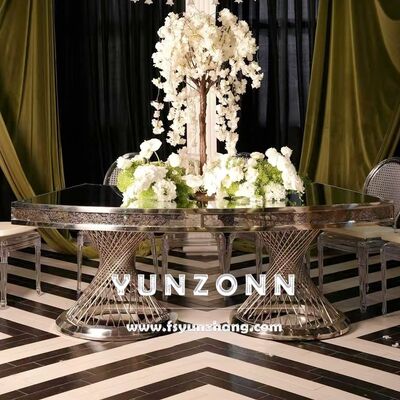 Prezzo buono Tavolo da pranzo con base a doppio piedistallo e piano in vetro a specchio, centrotavola dorati per matrimoni e hotel in linea