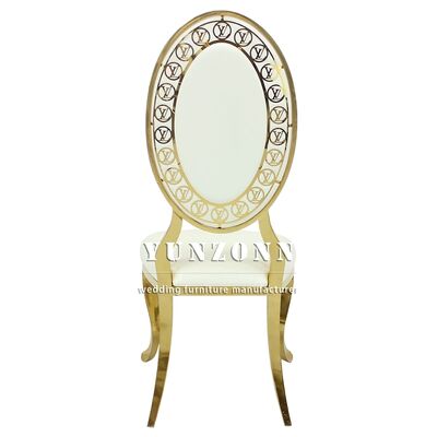 Prezzo buono Sedia da banchetto all'ingrosso con motivo decorativo, schienale alto elegante, moderna decorazione nuziale, sedia in acciaio inossidabile per camere d'albergo in linea