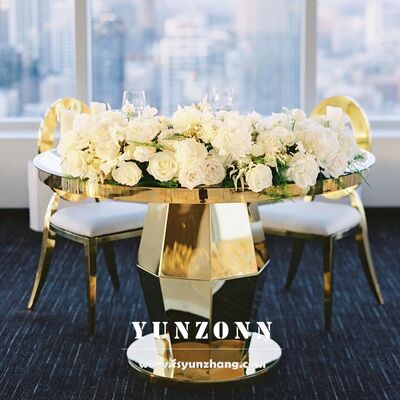 Prezzo buono Vendendo Nuovo Modello Oro In Acciaio Inossidabile Sposa Rotonda Specchio Vetro Top Tavolo Torta Stand in linea