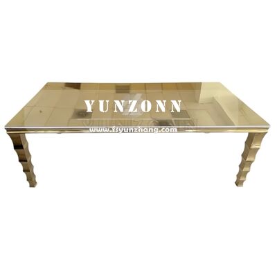Prezzo buono Salone di banchetti rettangolare pesante tavoli lunghi Washington Gold Deco Tavolo da pranzo Eventi Feste Alberghi Arredamento vetro Metallo in linea
