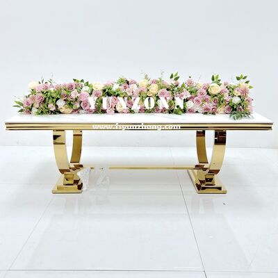 Prezzo buono Eventi di festa di lusso Decorazioni Gambe d'oro Tavolo vetro moderno Rectangular Acciaio inossidabile banchetti di nozze in linea
