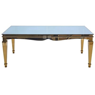 Prezzo buono Tavolo da pranzo rettangolare Mia in acciaio inossidabile dorato moderno per banchetti con piano in vetro temperato resistente per eventi in hotel in linea