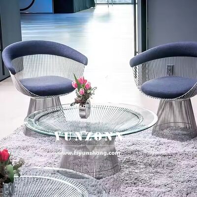 Prezzo buono Tavolino rotondo di lusso in stile Mid-Century Modern, piano in vetro temperato con base in filo metallico in linea