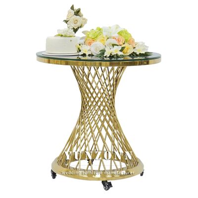 Prezzo buono Supporto per torta da matrimonio in acciaio inossidabile color oro di lusso con piano in vetro a specchio in linea