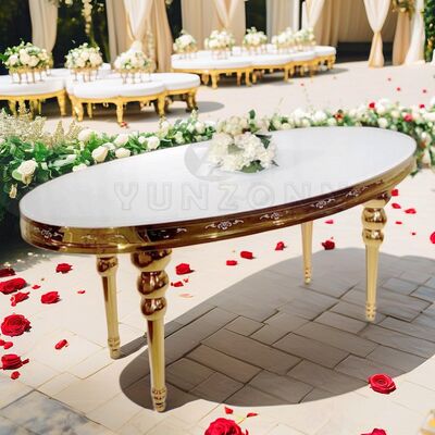 Prezzo buono Modern Stainless Steel Wedding Dining Table with Glass Top Oval round Shape for Outdoor Events Parties Hotels Banquets in linea
