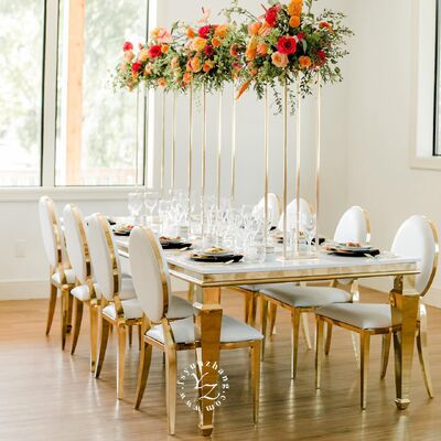 Prezzo buono Moderno oro in acciaio inossidabile vetro specchiato tavola da pranzo per hotel matrimoni feste eventi all'aria aperta per banchetti in linea