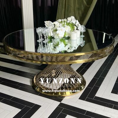 Prezzo buono Moderno Tavolo da Pranzo in Acciaio Inox con Vetro Temperato e Base in Metallo per Eventi all'Aperto per Hotel e Matrimoni in linea