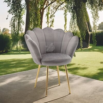 Prezzo buono Nordic Designer Sedile da pranzo di velluto grigio Conchiglia di forma dorata Gamba d'oro Poltrona individuale Soggiorno Hotel Sala da ginnastica Metallo imbottito in linea