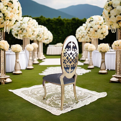 Prezzo buono Luxury Classic High Back Sedie da pranzo In acciaio inossidabile In oro Cornice intagliata Flore Back per matrimoni Appartamenti Alberghi Eventi in linea