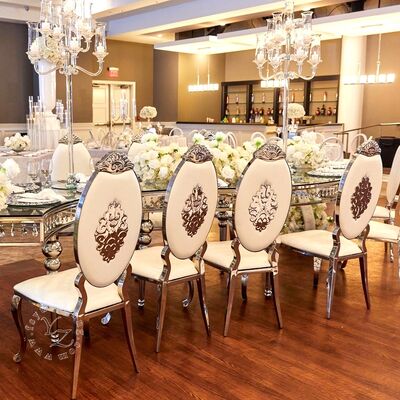 Prezzo buono Moderna sedia dorsale ovale in acciaio inossidabile oro con cuoio per sala da pranzo hotel e matrimonio stile contemporaneo per appartamento in linea